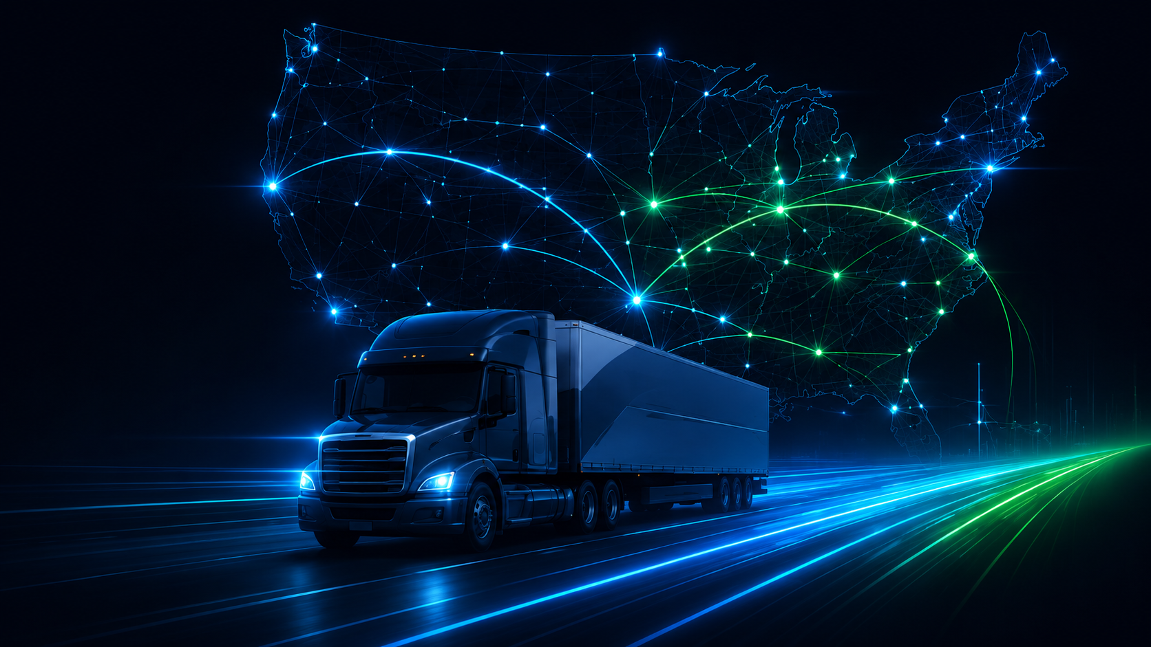 A semi truck on an illuminated route across the country
